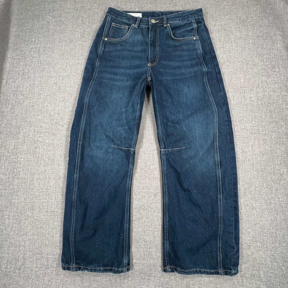 Zara Wide Leg Barrel Jeans Womens 4 Dark Wash High Rise Baggy Horseshoe Cropped